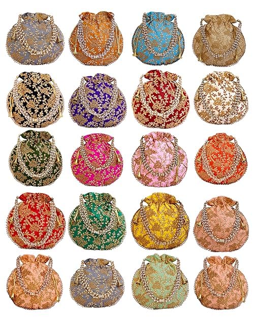 DMS RETAIL Rajasthani Look Women's Fashion Handmade Handbag Wristlets Ethnic Bridal Potli Batwa Bag Combo Pack of (Pack Of 9)