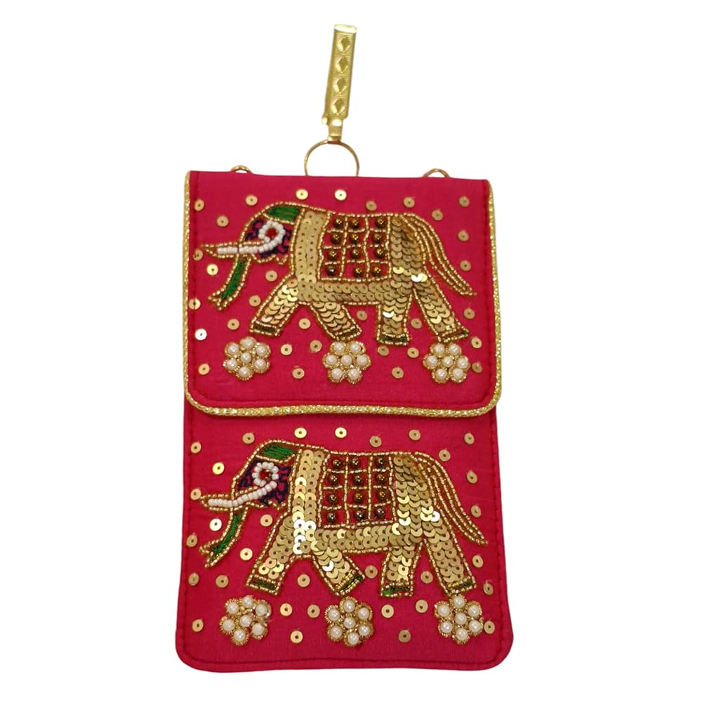 Women's Pearl Silk Saree Mobile Pouch Waist Clip Ladies Purse Gift Designer Pearl Beads Studded Handmade Mobile Pouch with Elephant Embroidery