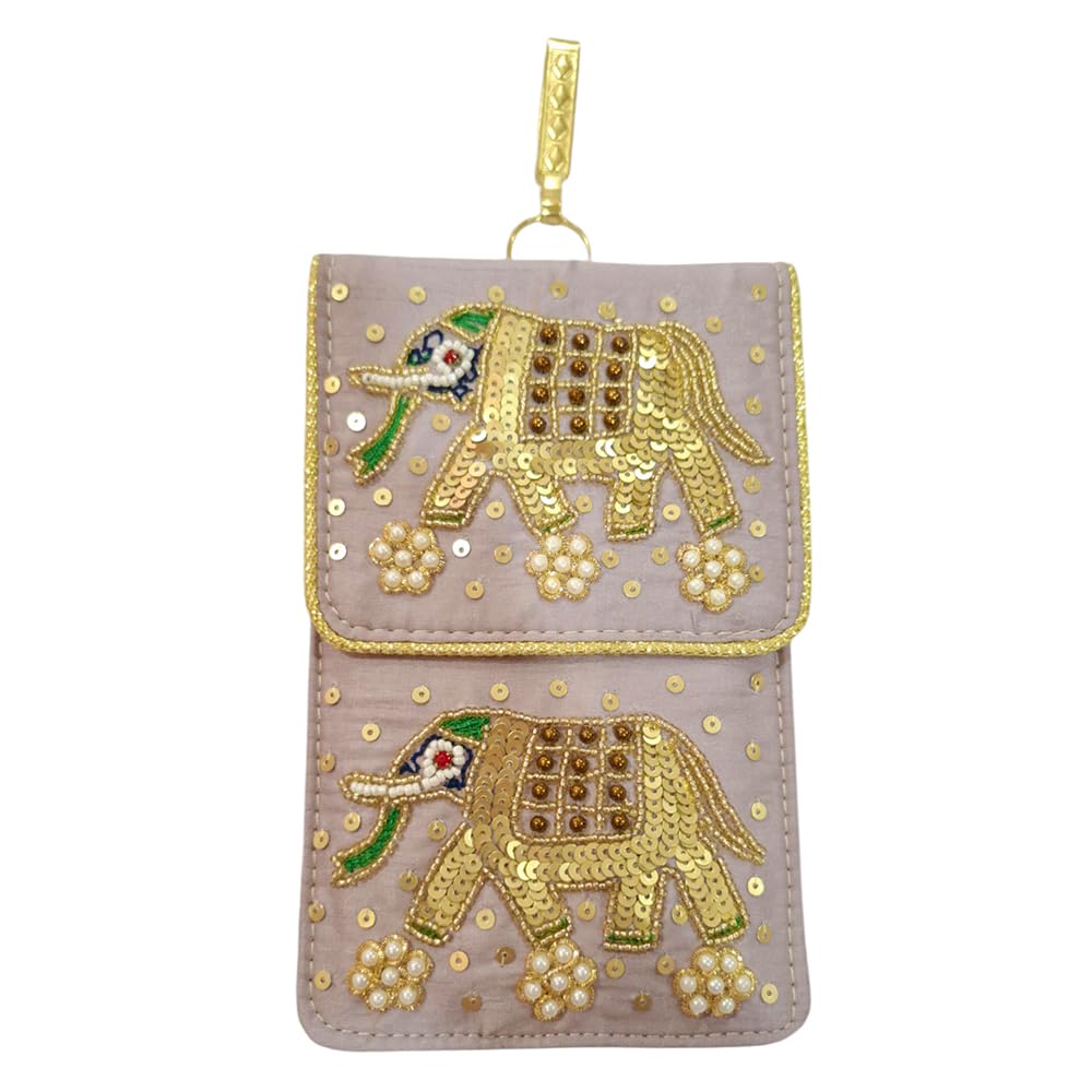 Women's Pearl Silk Saree Mobile Pouch Waist Clip Ladies Purse Gift Designer Pearl Beads Studded Handmade Mobile Pouch with Elephant Embroidery