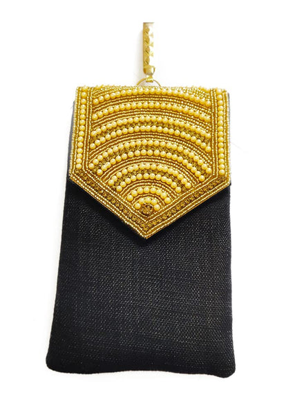 DMS RETAIL Presents Handicraft Ladies Traditional Mobile Phone Pouch Sling Wallet Saree Waist Clip Hook Gift for Women|Designer Jute Mobile Clutch Mobile Pouch (Golden)