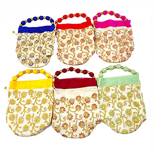 DMS RETAIL Golden Embroidered Shagun Potli Purse for Ladies, Potli Pouches, Potli Bags for Return Gifts, Ethnic Potli for Women (Pack of 6 Potli)