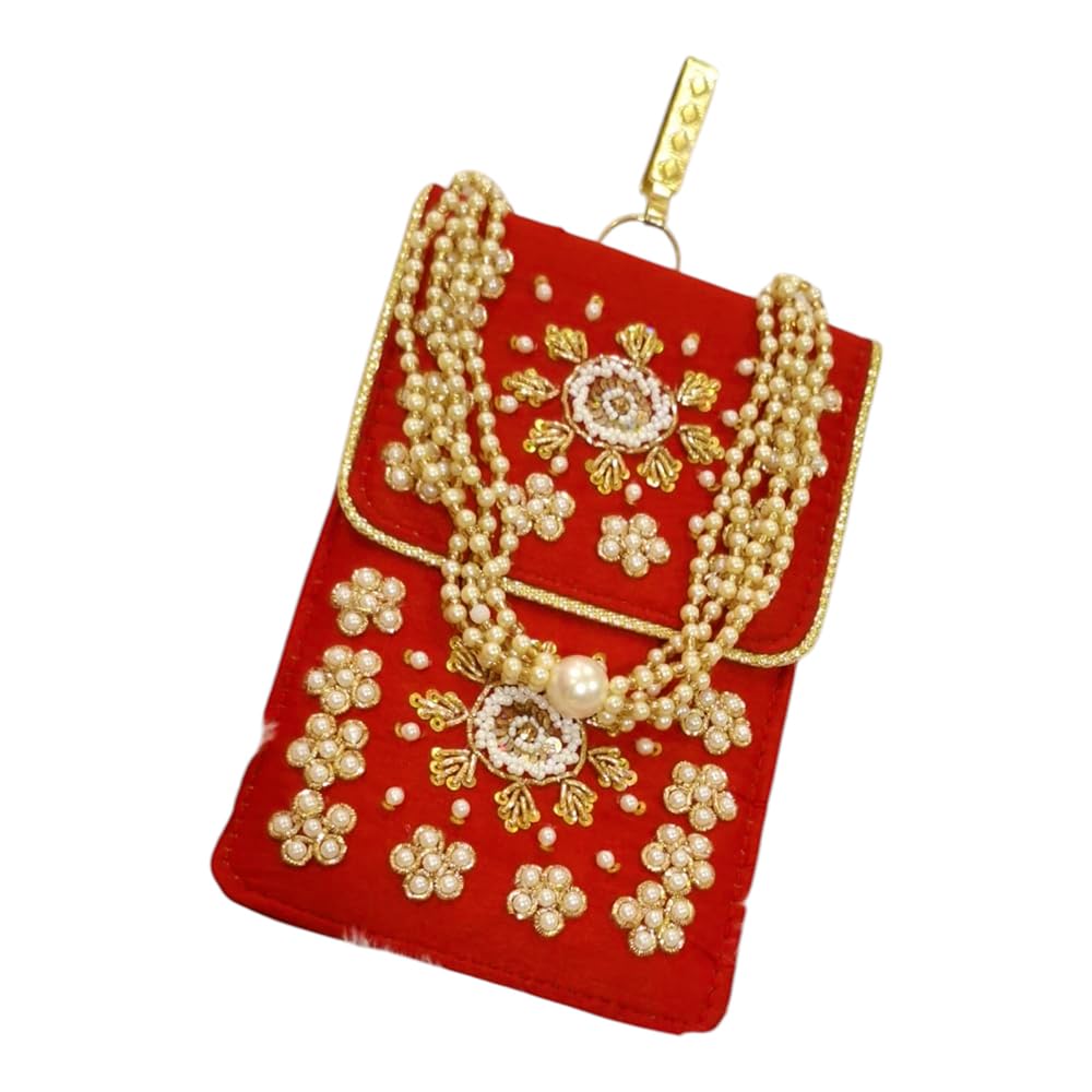 Luxury Mobile Pouch – Hand Embroidered Pearl & Zari Work Phone Sling for Women & Girls with Pearl Drawstring