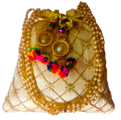 DMS RETAIL Ethnic Rajasthani Silk Potli Bag With Pearl Drawstring Women's Potli (Golden)