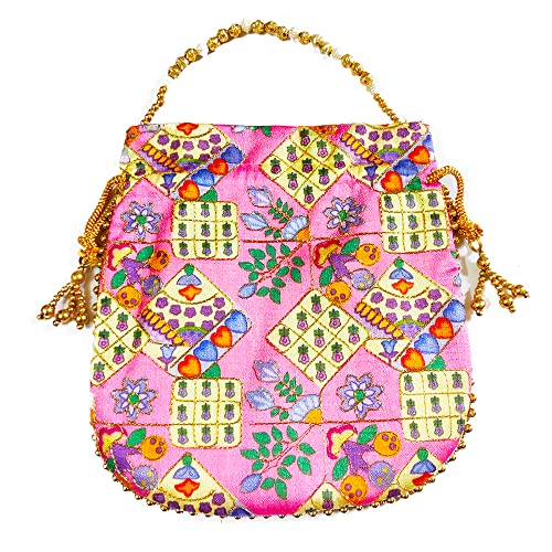 DMS RETAIL Potli Bags for Women Evening Bag Clutch Ethnic Bride Purse with Drawstring Potli Bag for Wedding (Pink)