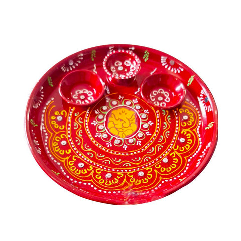 DMS RETAIL Red Green Kundan Work Pooja Aarti Thali, Pooja Thali Set Designer for Home, Pack of 1 (8 inch), Pooja Decorative Items for Home, Occasional & Wedding Return Gift 3 Holder