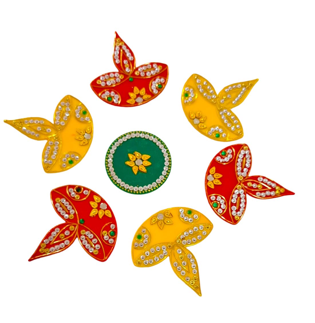 DMS RETAIL Acrylic Deepak Rangoli Decorative Small Rangoli 7Pcs Set (Red Yellow Green) Rangoli for Floor Decoration