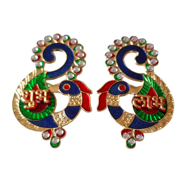 DMS RETAIL Metal Kundan Studded Peacock Shubh Labh Wall Sticker, Door Entrance Sticker, Diwali Decoration Items for Door Decoration Temple Decoration 4X4 INCH