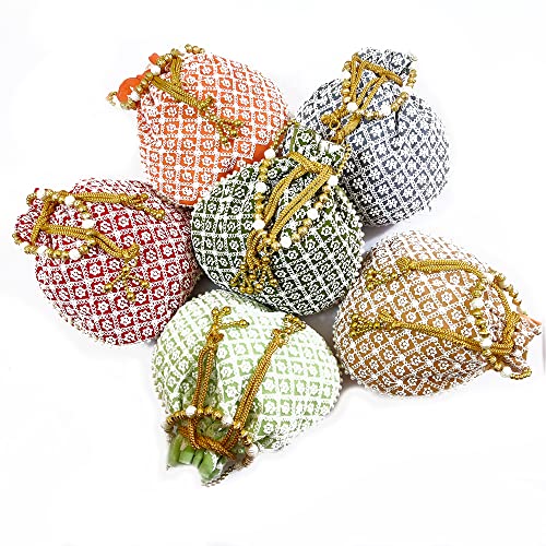 DMS RETAIL Lucknowi Embroidered Potli Bags| Potli Bags for Ladies for Wedding with Pearl Drawstring Pack of 6 Multi