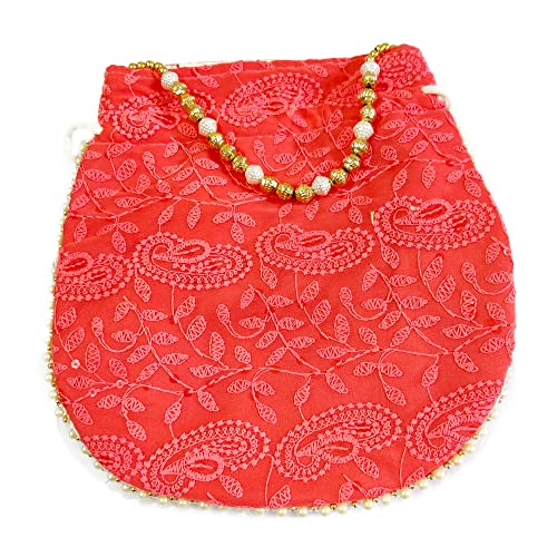 DMS RETAIL Lucknowi Ethnic Potli Zari Work Handicraft Designer Traditional Rajasthani Royal Style Bridal Potli Bag Women (RED)