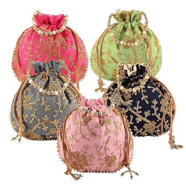 DMS RETAIL Potli|Silk Wedding Potli|Christmas Gift Potli|Baby Shower Potli|Traditional Shagun Potli|Drawstring with Beads Handle Potli|New Flower Embroidery Potli| Set Of 5