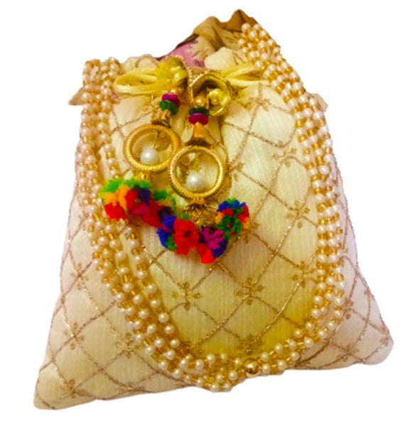 DMS RETAIL Ethnic Rajasthani Silk Potli Bag With Pearl Drawstring Women's Potli (Golden)