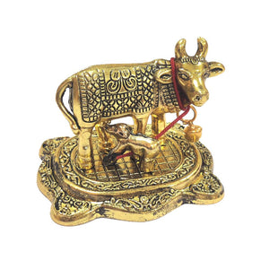 DMS RETAIL Handcrafted Large Golden Elegant Kamdhenu Cow and Calf Metal Statue Spiritual Showpiece Figurine Sculpture House Warming Gift & Home Decor Congratulatory Blessing Gift Item