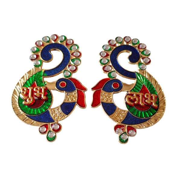 DMS RETAIL Metal Kundan Studded Peacock Shubh Labh Wall Sticker, Door Entrance Sticker, Diwali Decoration Items for Door Decoration Temple Decoration 4X4 INCH