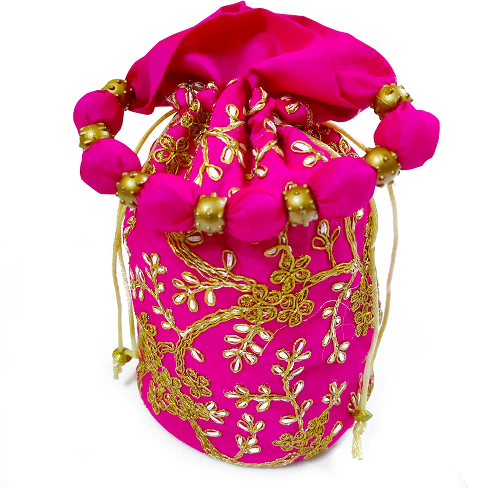 DMS RETAIL Raw-Silk Designer Polti Bag for Women with Golden Embroidery with Drawstring Potli Bag for Wedding (Pink)