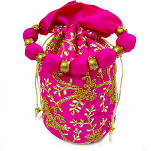 DMS RETAIL Raw-Silk Designer Polti Bag for Women with Golden Embroidery with Drawstring Potli Bag for Wedding (Pink)