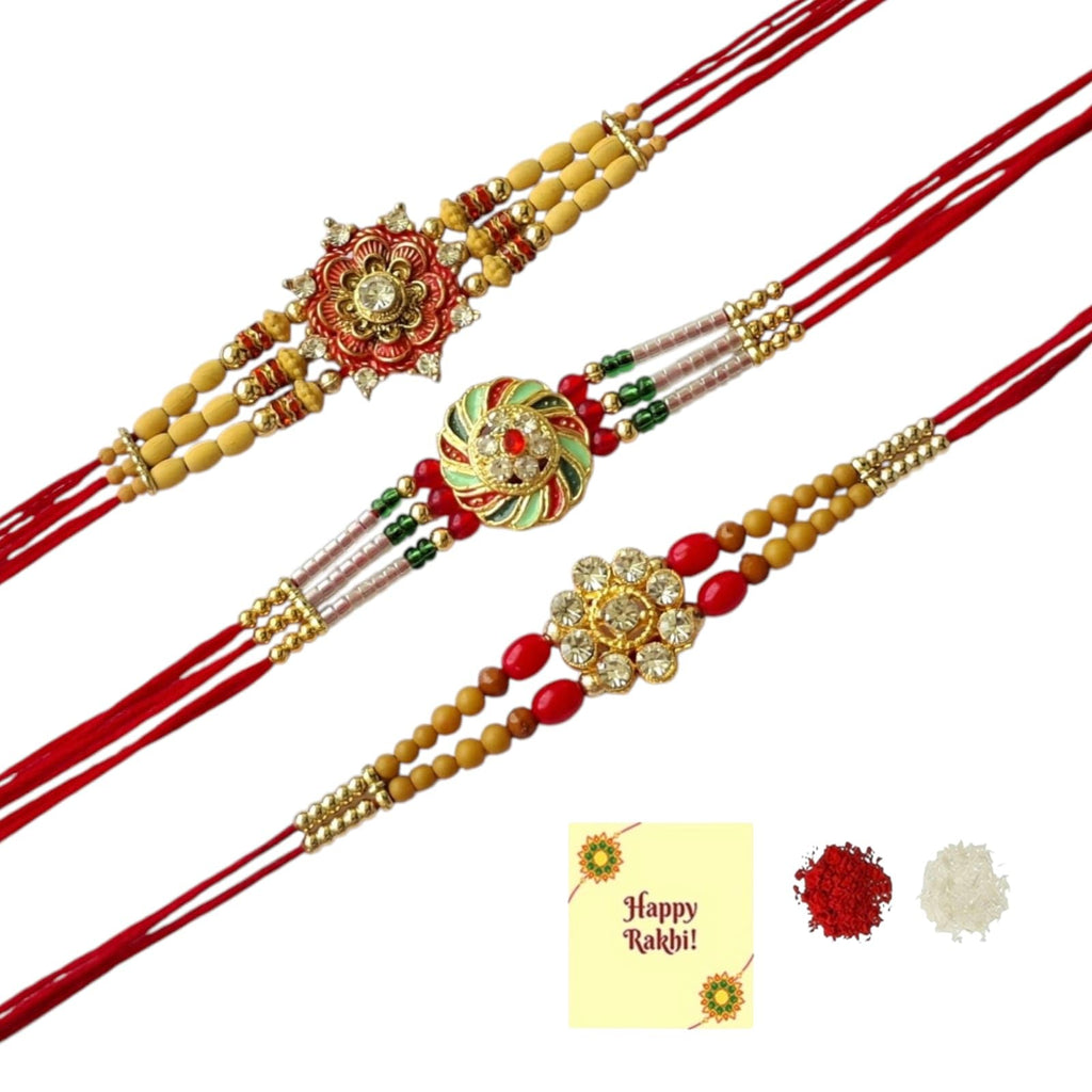 DMS RETAIL Set of 3 Flower Rakhi Combo For Brother Sister Raksha Bandhan Band Moli Bracelet Kundan Pearl Rakhi for Bhai Bhabhi Roli Tilak Greetings Card For Unisex Adult