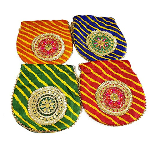 DMS RETAIL Women's Ethnic Rajasthani Potli Bag, Pouch Potli Purse for Women and Girls Leheriya Gotapatti Potli Bag Pack of 4 Multi