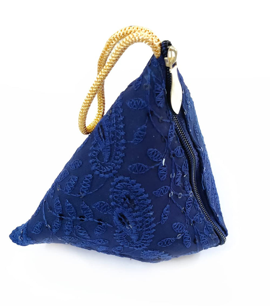 DMS RETAIL Lucknowi Chikankari Embroidered Potli Bags in Samosa Shape Potli Bags for Ladies (Dark Blue)