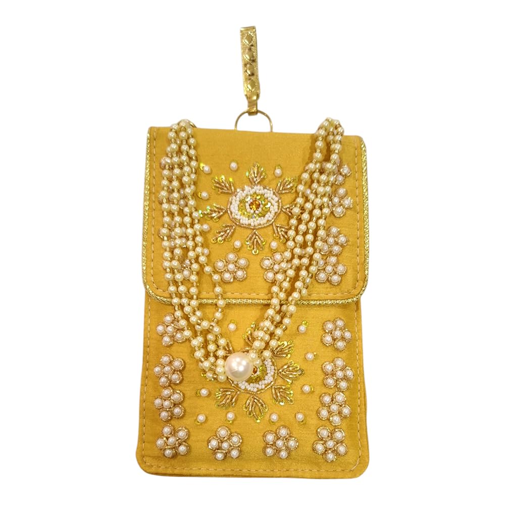 Luxury Mobile Pouch – Hand Embroidered Pearl & Zari Work Phone Sling for Women & Girls with Pearl Drawstring