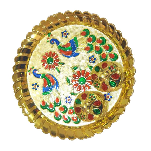 DMS RETAIL Minakari Work Peacock Shaped Pooja Thali with Fashionalble Kankavati, Decorative Items/Aarti Thali for Home Mandir | Temple | Diwali Decoration | Wedding | Home Décor