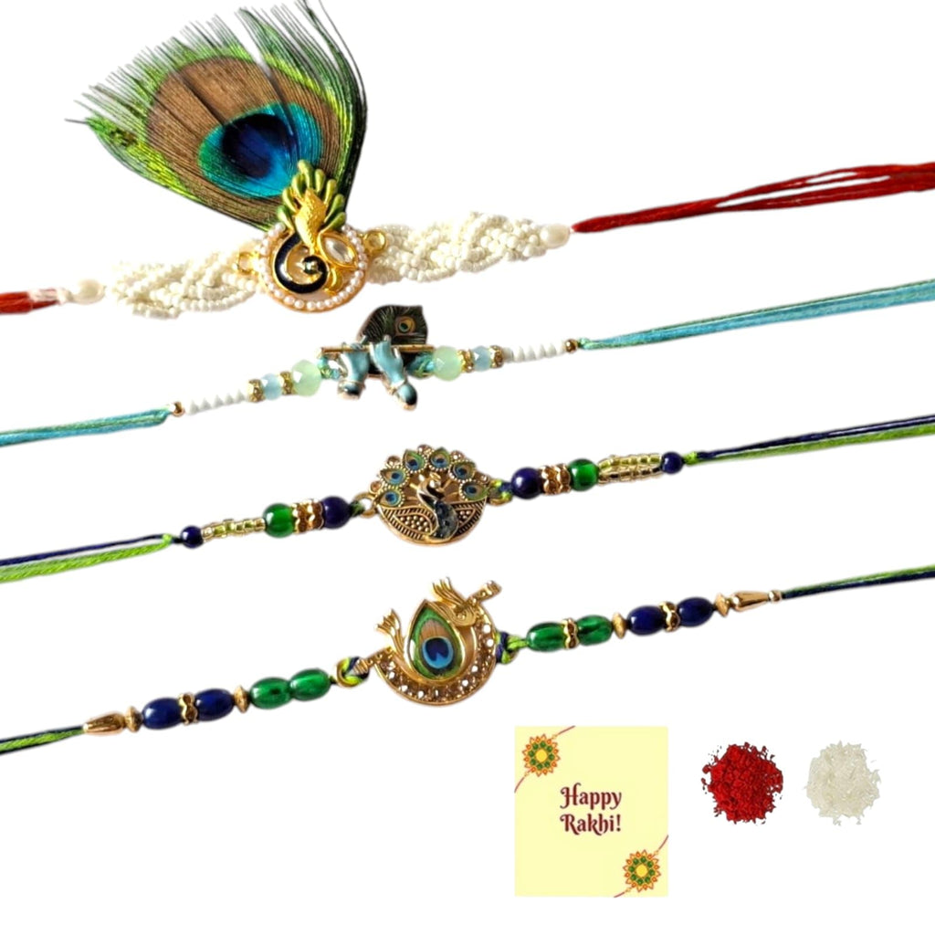 DMS RETAIL Set of 4 Peacock Feather Rakhi For Brother With Roli Tilak And Greetings Cards Traditional moli Band