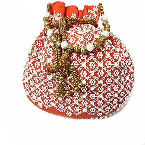 DMS RETAIL Chikankari Lucknowi Embroidered Potli Bags | Potli Bags for Ladies for Wedding with Pearl Drawstring (Orange)