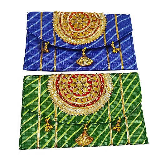 DMS RETAIL Designer Leheriya Printed Embroidered Gotapatti Purse For Women,Return Favour For Wedding For Guests,Clutch Purse For Women Pack Of (6)