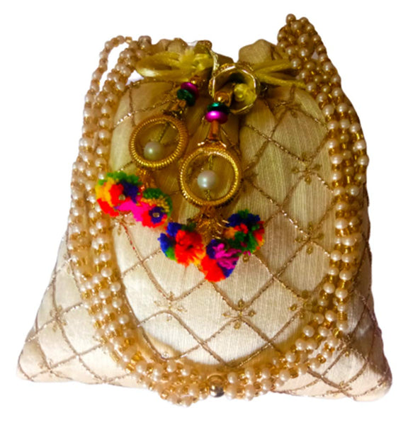 DMS RETAIL Ethnic Rajasthani Silk Potli Bag With Pearl Drawstring Women's Potli (Golden)