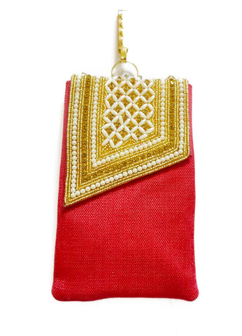 DMS RETAIL Women's Pearl Clutch Silk Saree Clutch Mobile Pouch Waist Clip Ladies Purse Gift Designer Pearl Beads Studded Jute Mobile Pouch (RED)