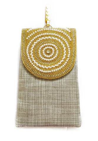 DMS RETAIL Designer Ethnic Embroidered Jute Mobile Pouch for Women with Waist Clip and Belt (Grey)