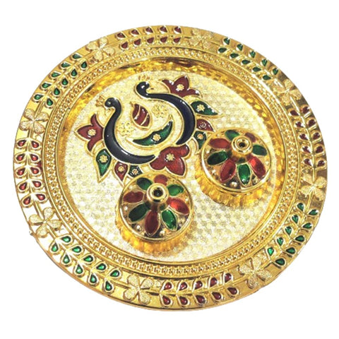 DMS RETAIL Golden Meenakari Peacock Handcrafted Acrylic Pooja Thali with Kumkum Holder Decorative Rakhi Thali|Engagement Thali|Rakshabandhan Thali|Tilak Thali