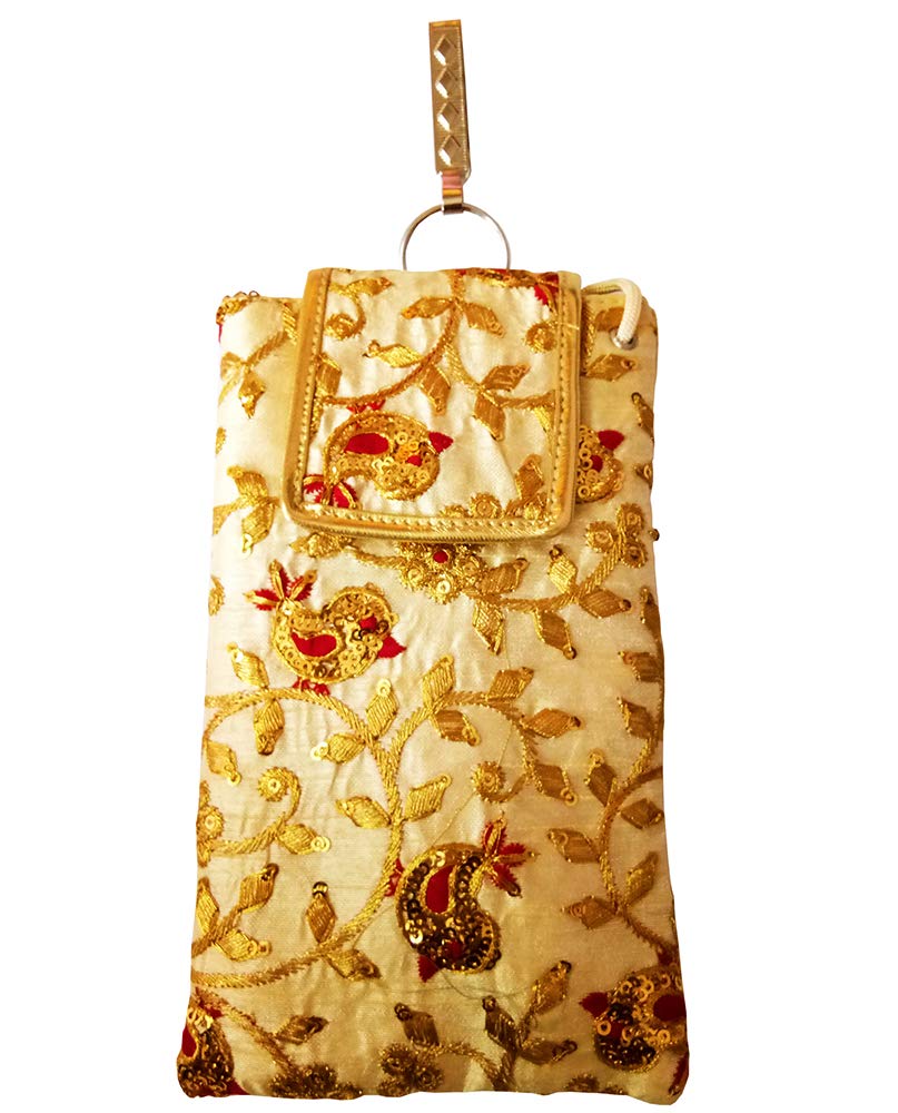 DMS RETAIL Golden Ethnic Pattern Embroidered Mobile Pouch for Women with Waist Clip and Belt