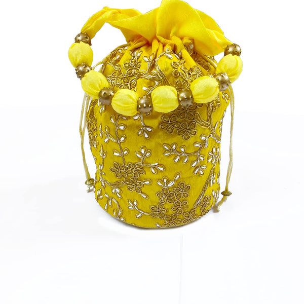 DMS RETAIL Raw-Silk Designer Polti Bag for Women with Golden Embroidery with Drawstring Potli Bag for Wedding (Yellow)