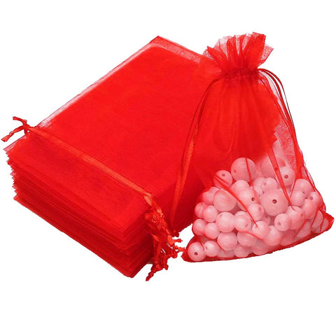 DMS RETAIL Drawstring Organza Bags, Wedding Party Favor Gift Pouch, Chocolate Mesh Candy Gift Jewelry Organza Bag, Sachet Bags Small Sheer Organza Pouches - Festival 13X18 CMS 100 PCS (RED)