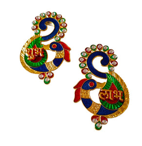 DMS RETAIL Metal Kundan Studded Peacock Shubh Labh Wall Sticker, Door Entrance Sticker, Diwali Decoration Items for Door Decoration Temple Decoration 4X4 INCH