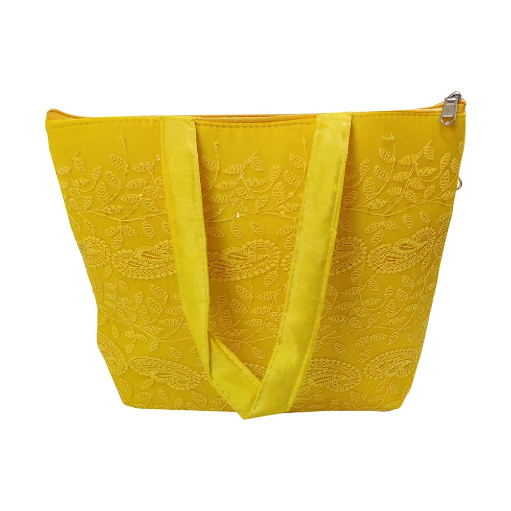 DMS RETAIL Lucknowi Traditional Purse For Women|Ladoes Purse With Handle |Embroidered Purse (Yellow)