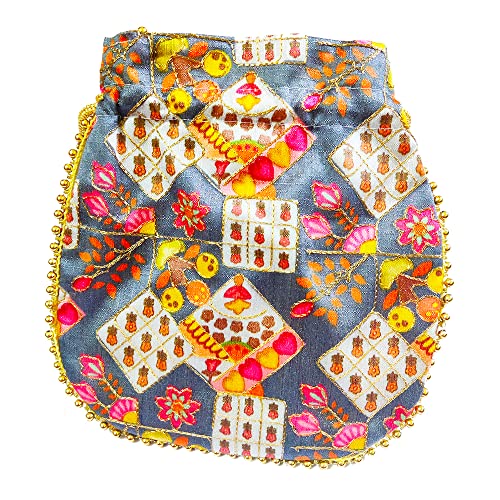 DMS RETAIL Potli Bags for Women Evening Bag Clutch Ethnic Bride Purse with Drawstring Potli Bag for Wedding (Grey)