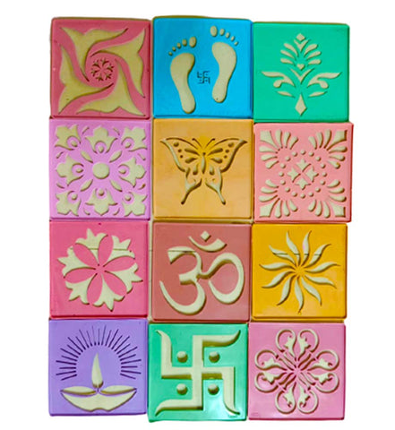 DMS RETAIL 12 Different Design Draw Rangoli Making Kit Rangoli Stamp Om Swastik Flower Design Colourful Rangoli Making Plastic Stencils 4 Inches