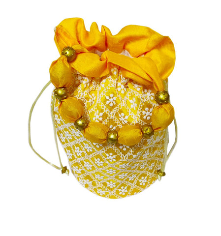 DMS RETAIL Presents Designer Royal Lucknowi Potli Batwa Bag Bridal Purse Women Handbag Shagun Pouch Return Gifts for Ladies (Yellow)