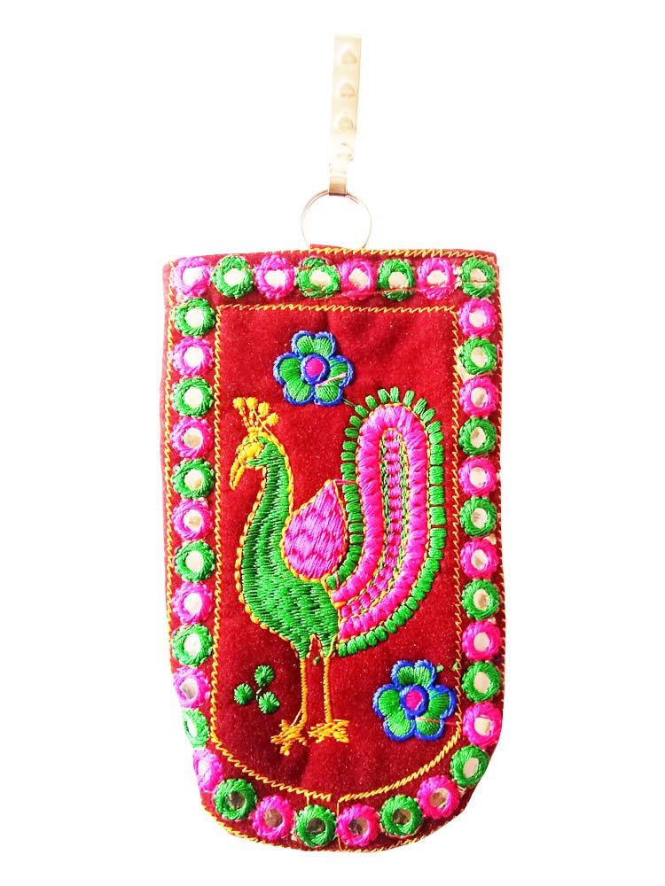 DMS RETAIL Traditional Mobile Pouch for Women with Waist Clip and Belt Embroidered Mobile Pouch Maroon