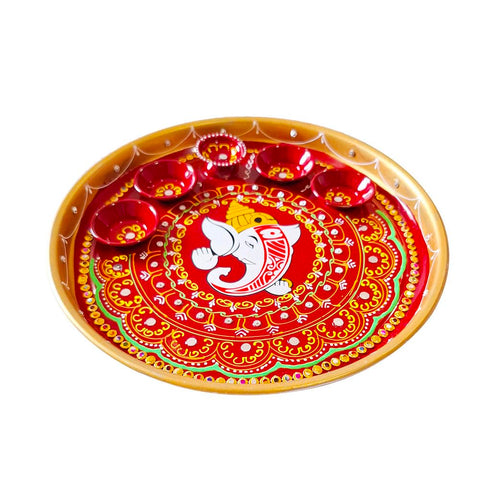 DMS RETAIL 12 Inch Balchandra Ganesha Multicolor Hand Paint Pooja Aarti Thali for Gift, Pooja Items for Home, Pooja Thali Set for Return Gifts, Diwali Pooja Thali Decorative