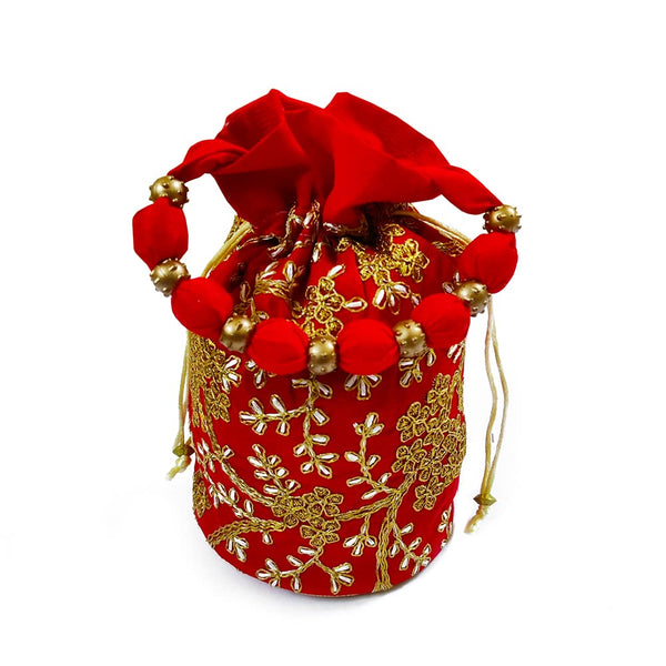 DMS RETAIL Raw-Silk Designer Polti Bag for Women with Golden Embroidery with Drawstring Potli Bag for Wedding (RED)