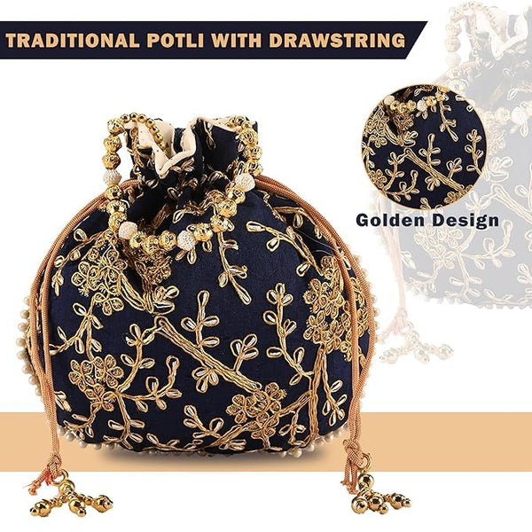 DMS RETAIL Potli|Silk Wedding Potli|Christmas Gift Potli|Baby Shower Potli|Traditional Shagun Potli|Drawstring with Beads Handle Potli|New Flower Embroidery Potli| Set Of 5