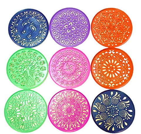 DMS RETAIL Circle Rangoli Making Stencils Multi Design Colorful Rangoli Making Stencils Rangoli Stencils Set for Diwali Decoration (Round) 6x6 INCHES Pack of (4)