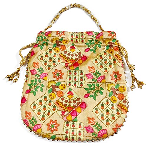 DMS RETAIL Potli Bags for Women Evening Bag Clutch Ethnic Bride Purse with Drawstring Potli Bag for Wedding (Golden)