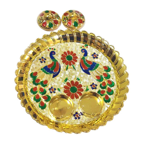 DMS RETAIL Minakari Work Peacock Shaped Pooja Thali with Fashionalble Kankavati, Decorative Items/Aarti Thali for Home Mandir | Temple | Diwali Decoration | Wedding | Home Décor