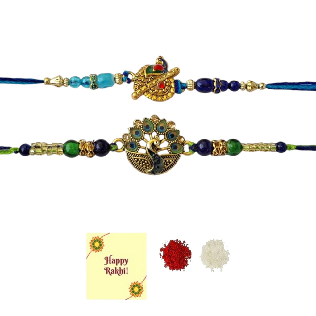 DMS RETAIL Peacock Rakhi for Brother Mor Pankh Rakhi for Bhaiya Set of 2 for Bhai Boy Kids Combo for Rakshabandhan With Roli Tilak And Greetings Card
