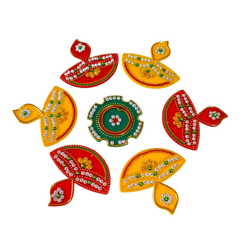 DMS RETAIL Ready to use, Acrylic Rangoli with Pearl and Stone Diya Rangoli with Stone and Pearls Heavy Design 7 Pieces (Assembly in 1 Minute) Size Diameter 7 Inches