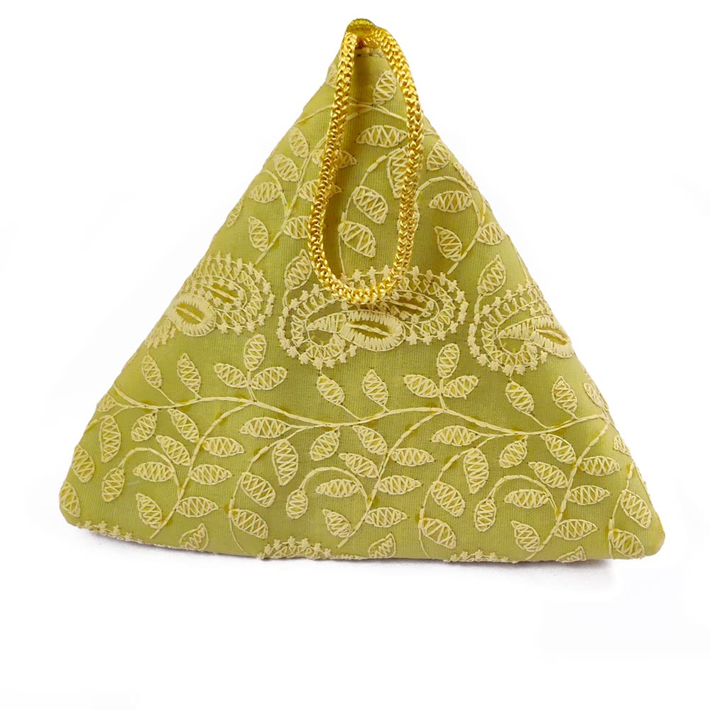 DMS RETAIL Lucknowi Embroidered Potli Bags in Samosa Shape Potli Pouches, Return Gifts for Women, Shagun Potli Purse for Gifting, Potli Bags for Ladies (Mustard)
