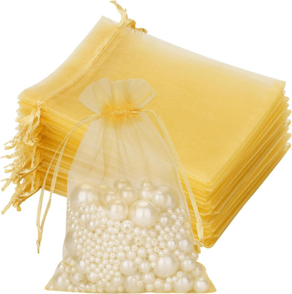 DMS RETAIL GOLDEN Organza Bags/Shagun Potli/Jewellery Packing/Dry Fruit Pouch Akshada Pouches Return Favour Organza Poyches Pack oF 50 (8X10 CMS)